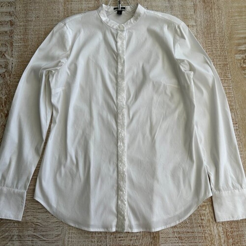 Ann Taylor White Blouse/Shirt/Top Mandarin Collar Sequins Long Sleeves Size 6